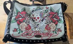 Ed Hardy Love Kills Slowly Denim Skull and Roses Studded Hobo Bag